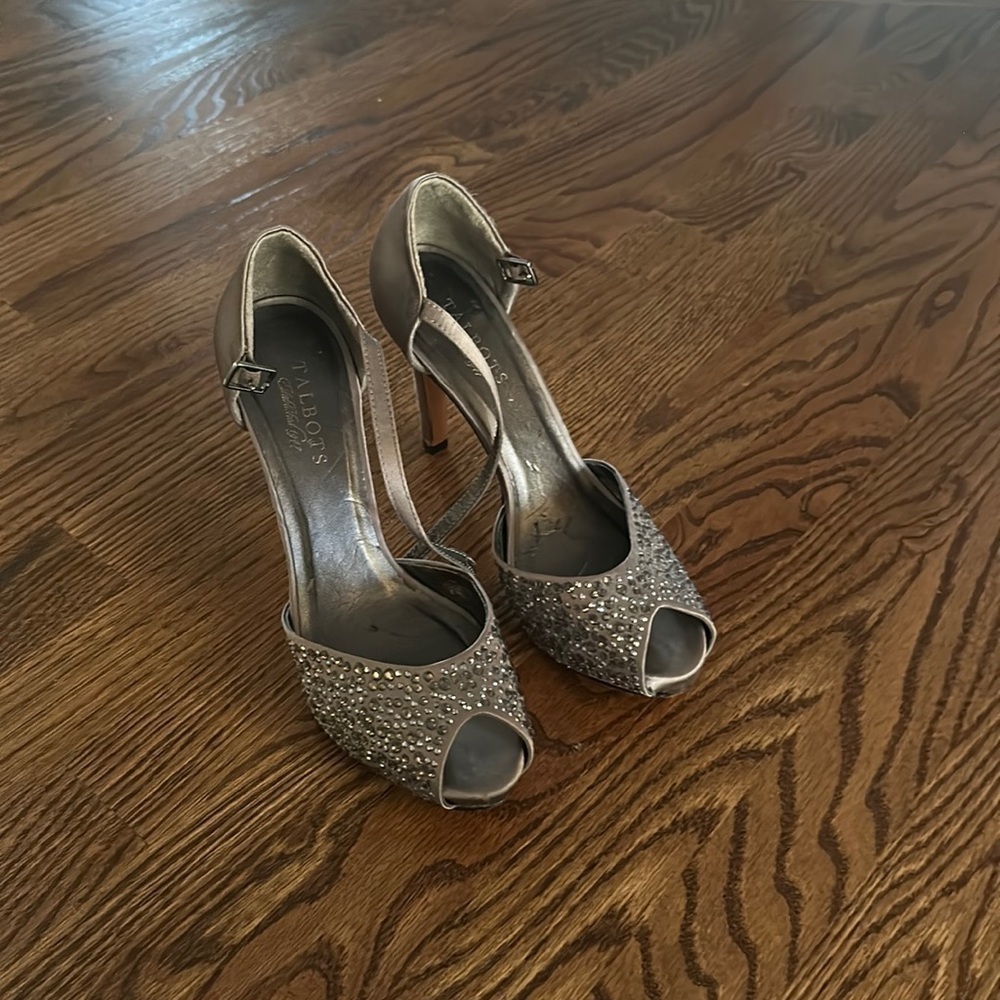 Talbots silver satin platform heels. 8.5. Ankle strap